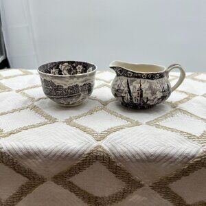 Thames River Scenes by Palissy Pottery Sugar bowl and creamer.  Made in England